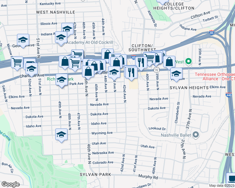 map of restaurants, bars, coffee shops, grocery stores, and more near 4209 Elkins Avenue in Nashville