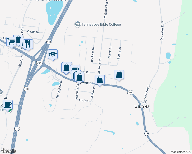 map of restaurants, bars, coffee shops, grocery stores, and more near 639 Whitson Chapel Road in Cookeville