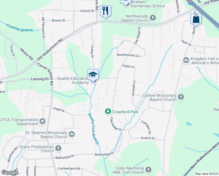 map of restaurants, bars, coffee shops, grocery stores, and more near 4461 Canaan Place Drive in Winston-Salem