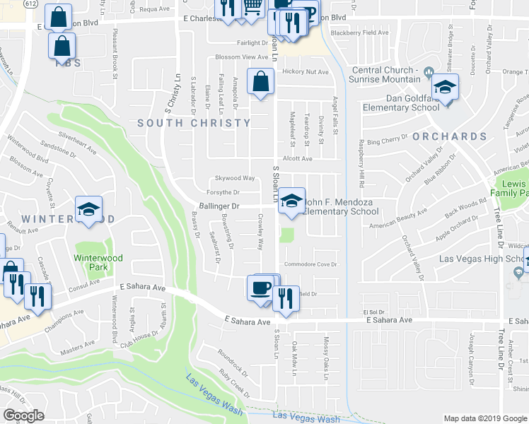 map of restaurants, bars, coffee shops, grocery stores, and more near 5775 Ballinger Drive in Las Vegas