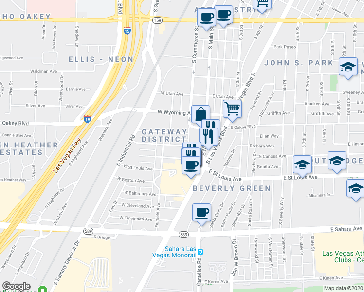 map of restaurants, bars, coffee shops, grocery stores, and more near 120 West Chicago Avenue in Las Vegas