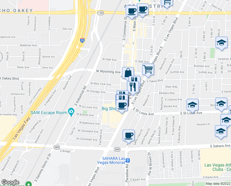 map of restaurants, bars, coffee shops, grocery stores, and more near 120 West Chicago Avenue in Las Vegas