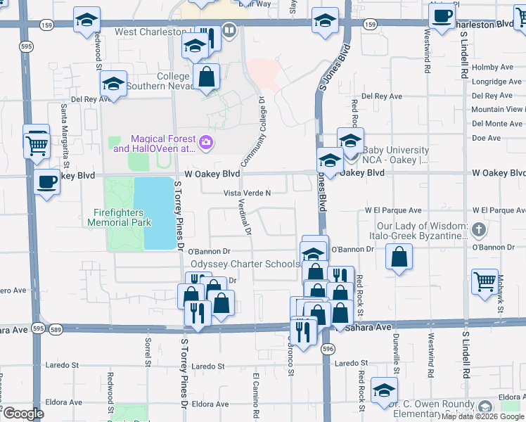 map of restaurants, bars, coffee shops, grocery stores, and more near 6217 Cedarbrook Drive in Las Vegas