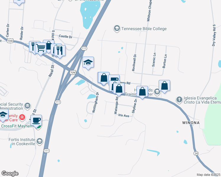 map of restaurants, bars, coffee shops, grocery stores, and more near 1546 East Spring Street in Cookeville