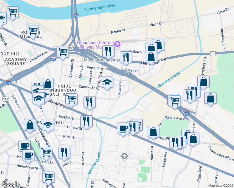 map of restaurants, bars, coffee shops, grocery stores, and more near 3 Decatur Street in Nashville