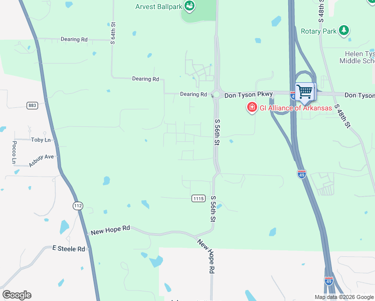 map of restaurants, bars, coffee shops, grocery stores, and more near 4100 South 56th Street in Springdale
