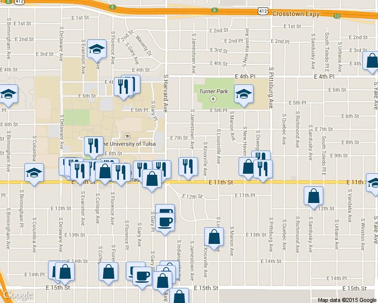 map of restaurants, bars, coffee shops, grocery stores, and more near 804 South Jamestown Avenue in Tulsa