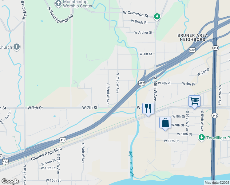 map of restaurants, bars, coffee shops, grocery stores, and more near 431 South 71st West Avenue in Tulsa