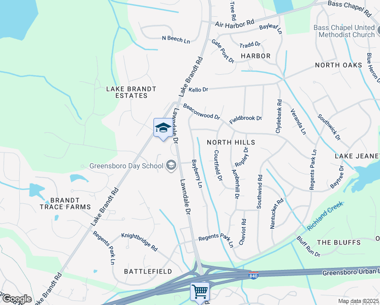 map of restaurants, bars, coffee shops, grocery stores, and more near 5305 Bayberry Lane in Greensboro
