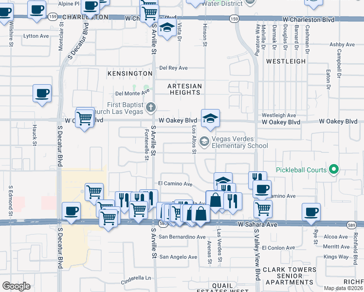 map of restaurants, bars, coffee shops, grocery stores, and more near 4117 El Cederal Avenue in Las Vegas