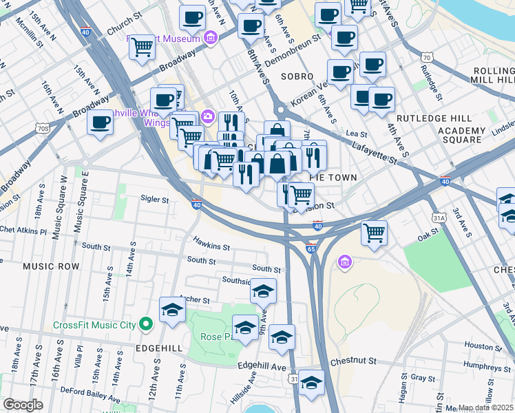 map of restaurants, bars, coffee shops, grocery stores, and more near 900-1098,901-1099 Sigler Street in Nashville