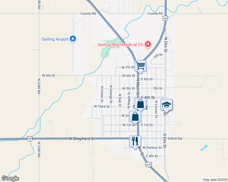 map of restaurants, bars, coffee shops, grocery stores, and more near 305 4th Street in Seiling