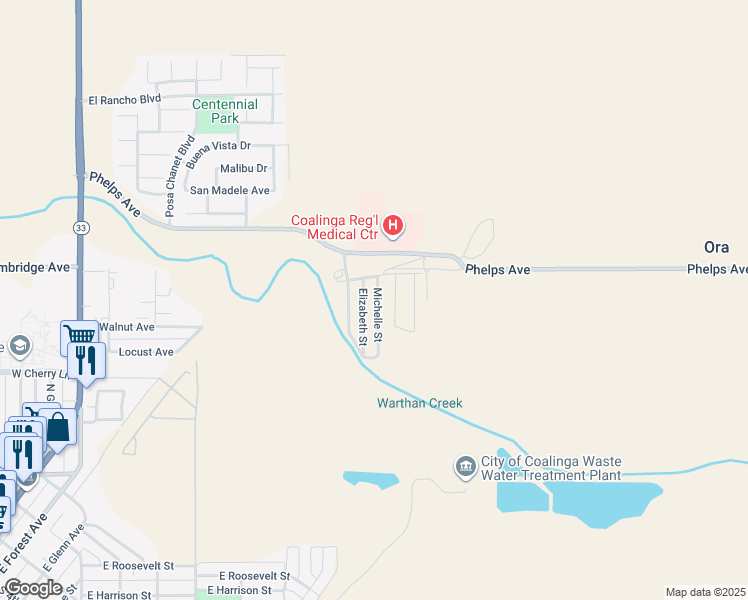 map of restaurants, bars, coffee shops, grocery stores, and more near 1529 Michelle Street in Coalinga