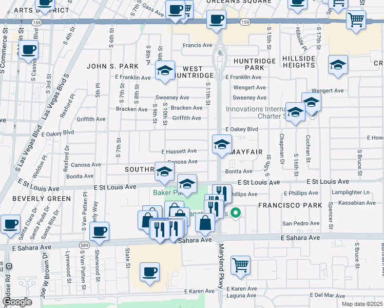 map of restaurants, bars, coffee shops, grocery stores, and more near 1046 East Hassett Avenue in Las Vegas