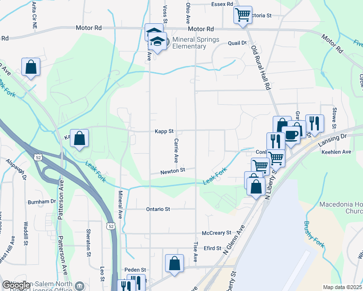 map of restaurants, bars, coffee shops, grocery stores, and more near 4365 Carrie Avenue in Winston-Salem