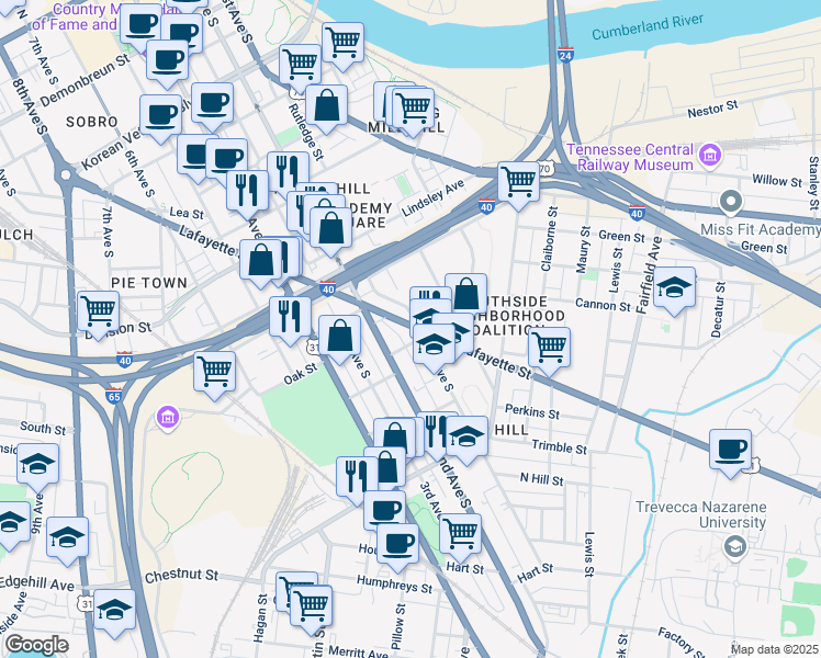 map of restaurants, bars, coffee shops, grocery stores, and more near 107 Lafayette Street in Nashville