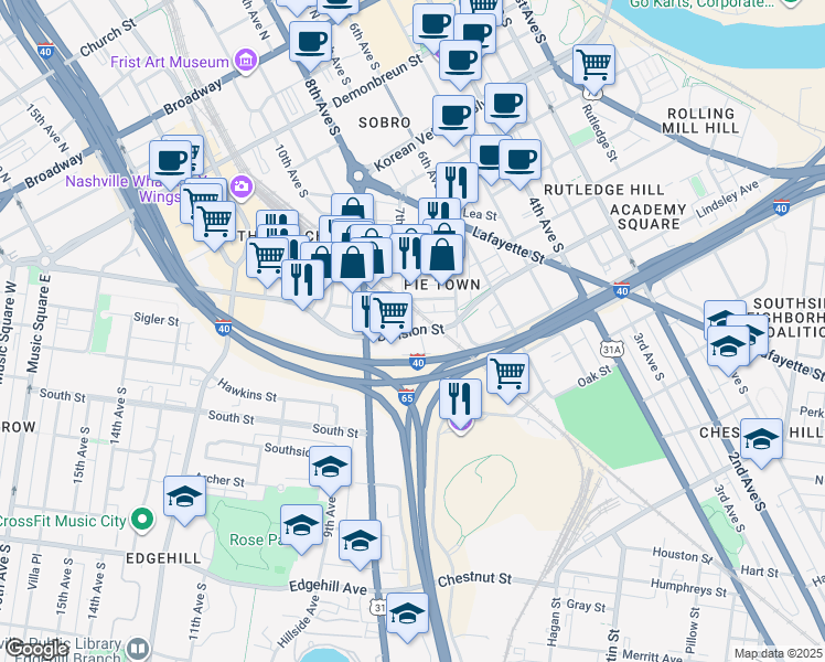 map of restaurants, bars, coffee shops, grocery stores, and more near 700 Division Street in Nashville