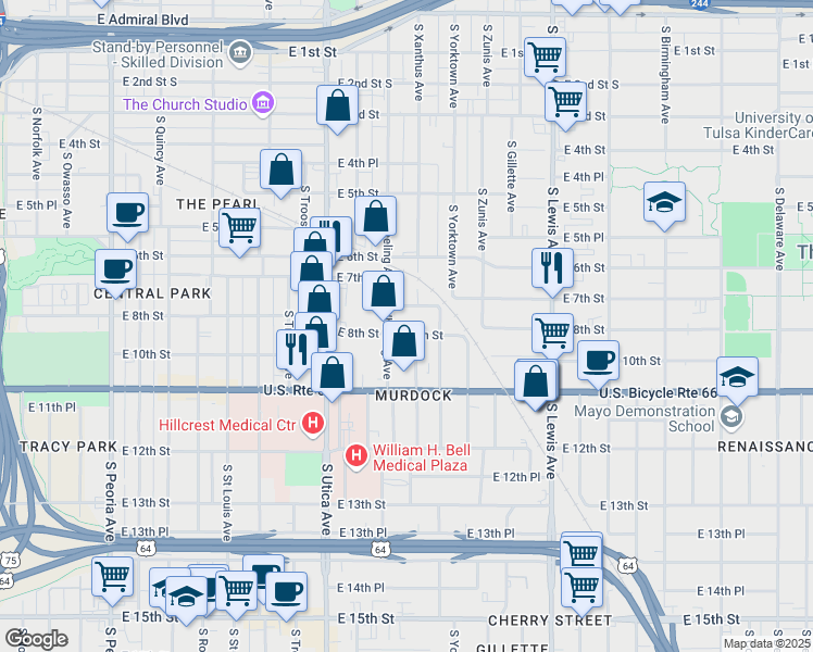 map of restaurants, bars, coffee shops, grocery stores, and more near 1919 East 8th Street in Tulsa