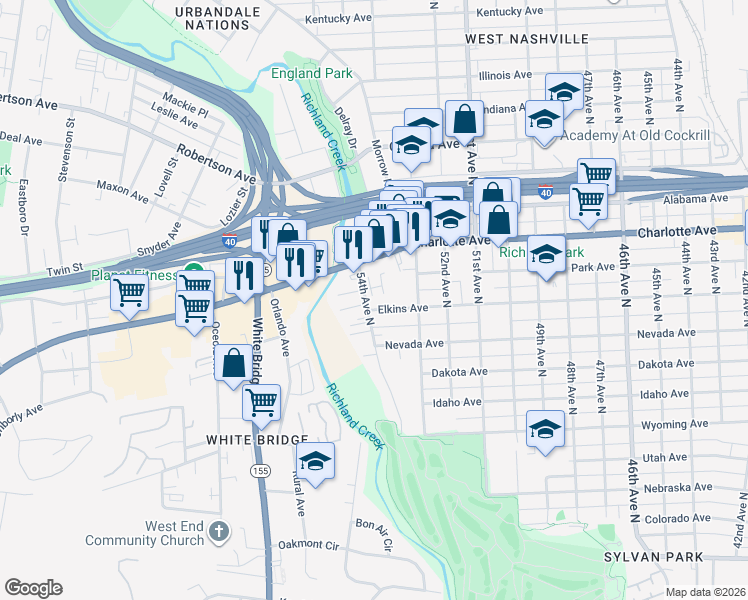 map of restaurants, bars, coffee shops, grocery stores, and more near 320 54th Avenue North in Nashville