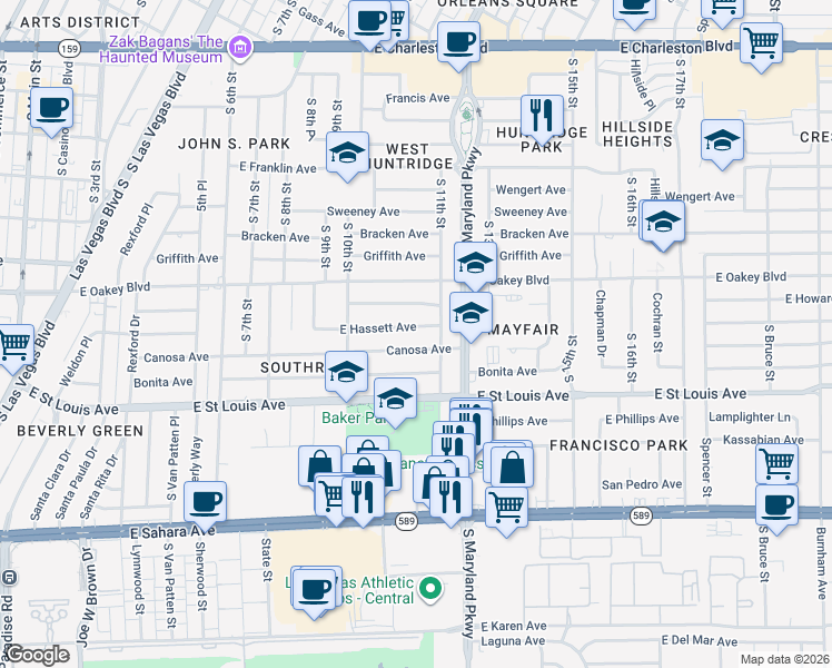 map of restaurants, bars, coffee shops, grocery stores, and more near 1054 East Hassett Avenue in Las Vegas