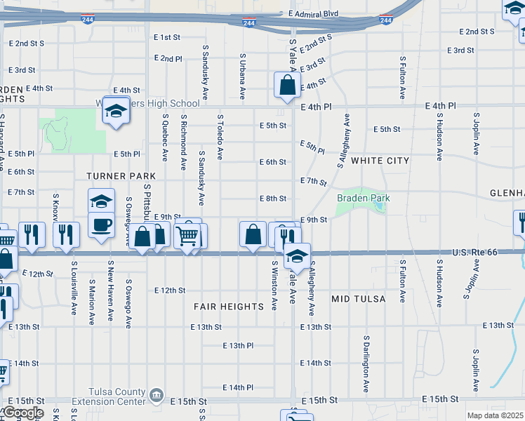 map of restaurants, bars, coffee shops, grocery stores, and more near 4547 E 9th St East Avenue in Tulsa