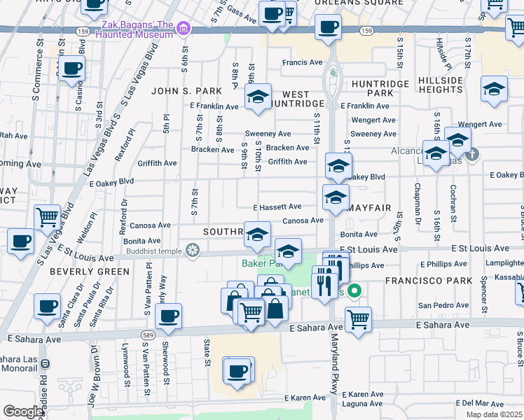 map of restaurants, bars, coffee shops, grocery stores, and more near 1000 East Hassett Avenue in Las Vegas