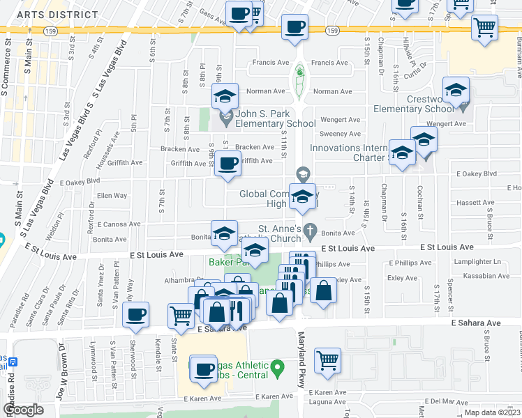 map of restaurants, bars, coffee shops, grocery stores, and more near 1046 East Hassett Avenue in Las Vegas