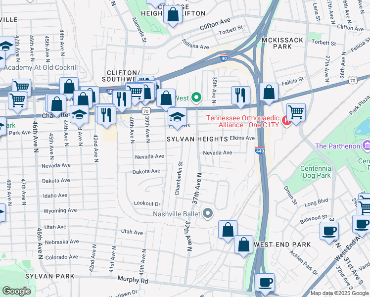 map of restaurants, bars, coffee shops, grocery stores, and more near 350 Chamberlin Street in Nashville