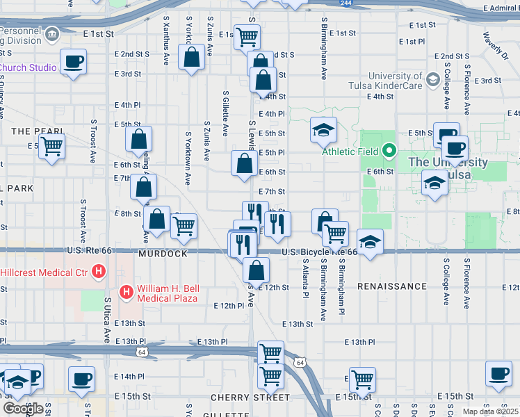 map of restaurants, bars, coffee shops, grocery stores, and more near 719 South Lewis Avenue in Tulsa