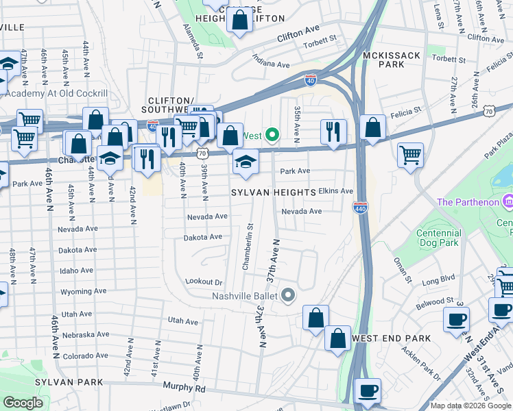 map of restaurants, bars, coffee shops, grocery stores, and more near 350 Chamberlin Street in Nashville