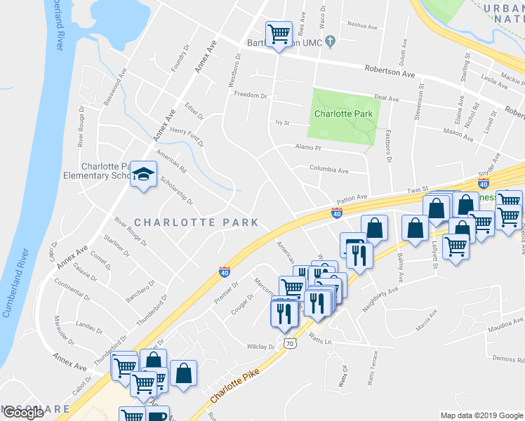 map of restaurants, bars, coffee shops, grocery stores, and more near 6325 Thunderbird Drive in Nashville