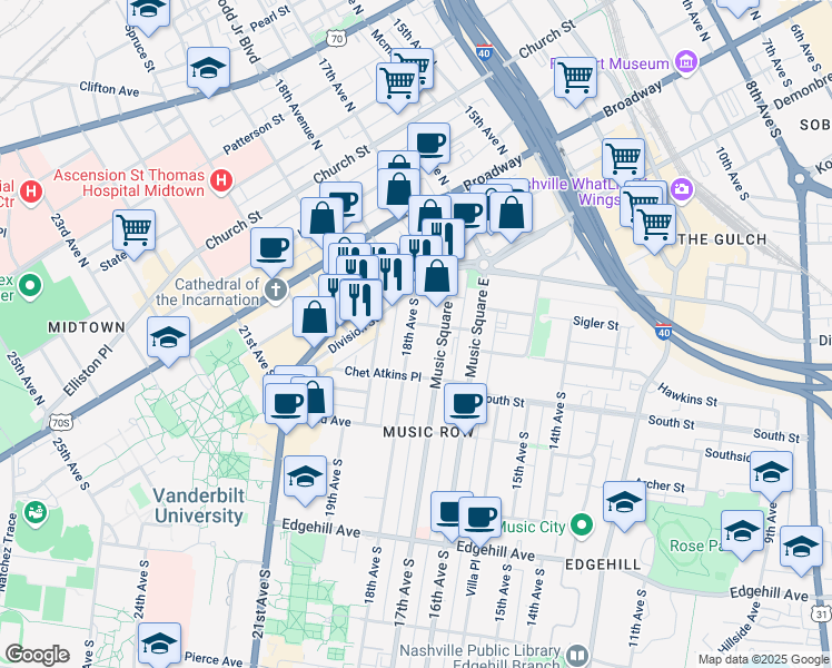map of restaurants, bars, coffee shops, grocery stores, and more near 807 18th Avenue South in Nashville