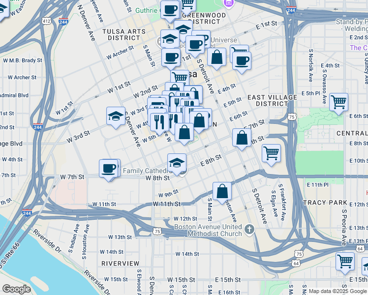map of restaurants, bars, coffee shops, grocery stores, and more near in Tulsa