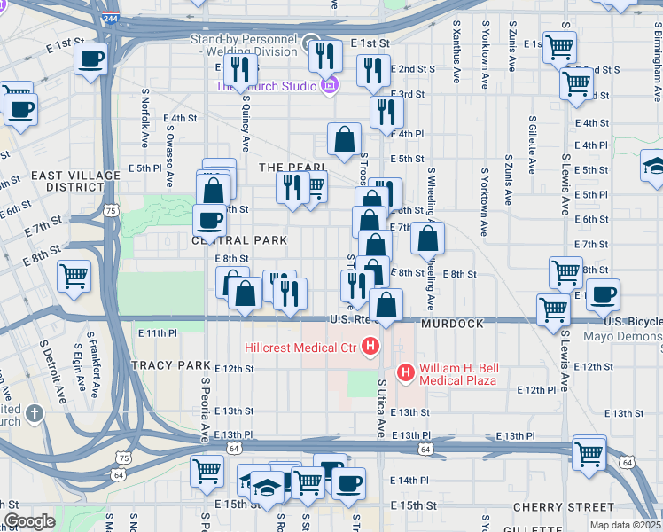 map of restaurants, bars, coffee shops, grocery stores, and more near 807 South Trenton Avenue in Tulsa