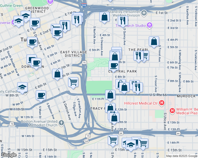 map of restaurants, bars, coffee shops, grocery stores, and more near 1120 East 8th Street in Tulsa