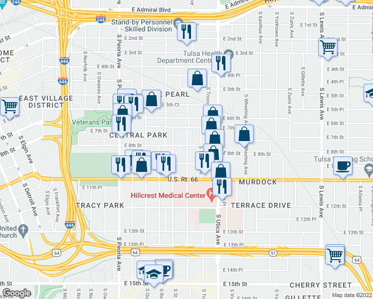 map of restaurants, bars, coffee shops, grocery stores, and more near 806 South Trenton Avenue in Tulsa
