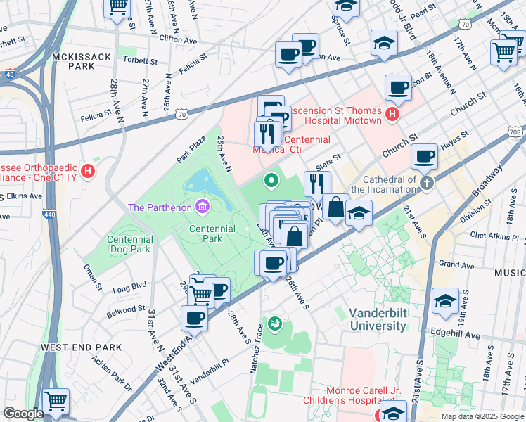 map of restaurants, bars, coffee shops, grocery stores, and more near 222 25th Avenue North in Nashville