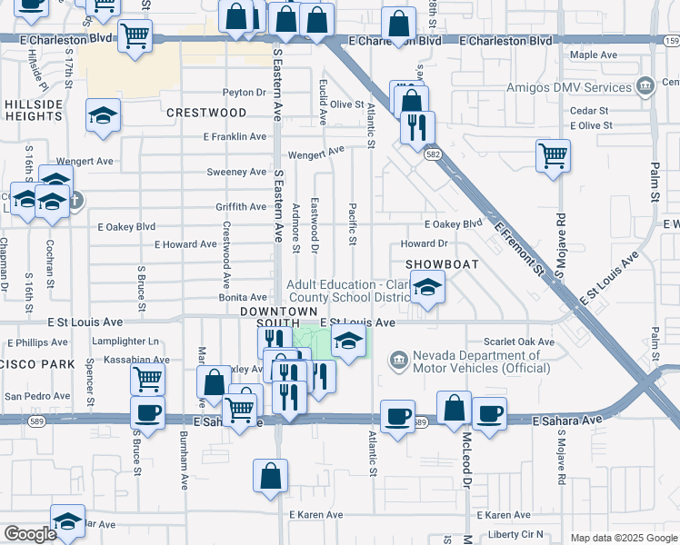 map of restaurants, bars, coffee shops, grocery stores, and more near 1801 Euclid Ave in Las Vegas