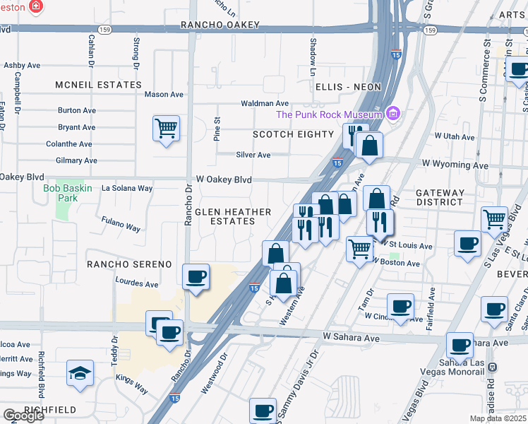 map of restaurants, bars, coffee shops, grocery stores, and more near 1728 Ivanhoe Way in Las Vegas