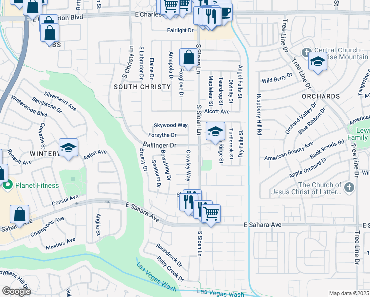 map of restaurants, bars, coffee shops, grocery stores, and more near 5775 Ballinger Dr in Las Vegas