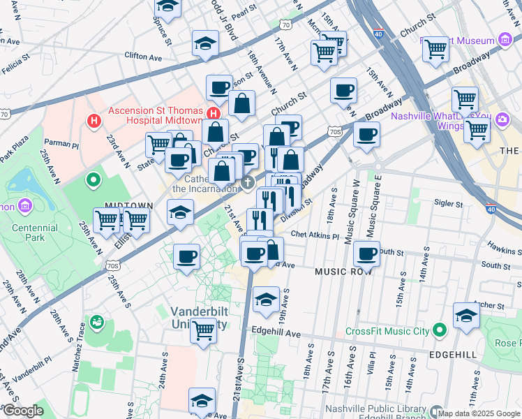 map of restaurants, bars, coffee shops, grocery stores, and more near 2005 Terrace Pl in Nashville