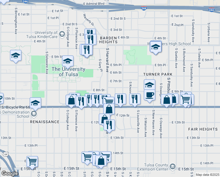 map of restaurants, bars, coffee shops, grocery stores, and more near 801 South Harvard Avenue in Tulsa