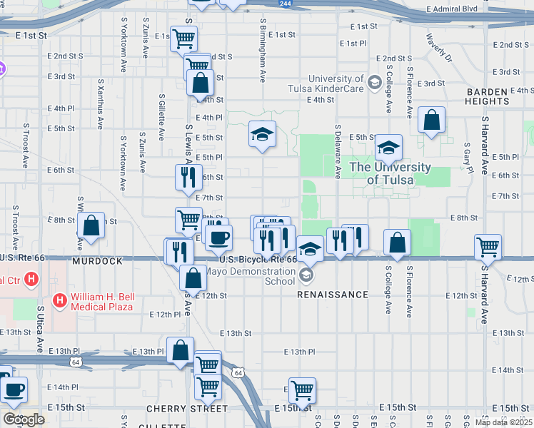 map of restaurants, bars, coffee shops, grocery stores, and more near 2605 East 8th Street in Tulsa