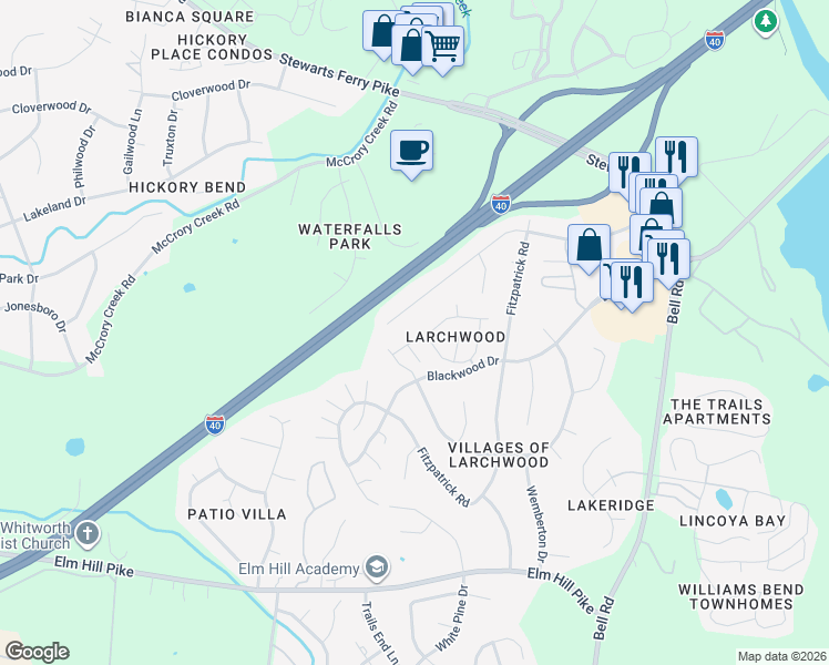 map of restaurants, bars, coffee shops, grocery stores, and more near 1317 Lady Court in Nashville