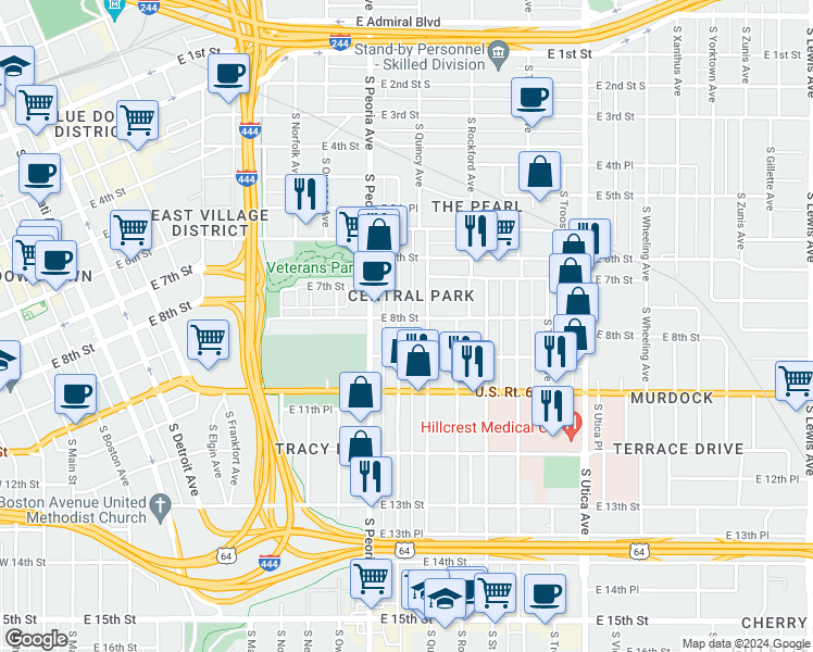 map of restaurants, bars, coffee shops, grocery stores, and more near 805 South Quaker Avenue in Tulsa