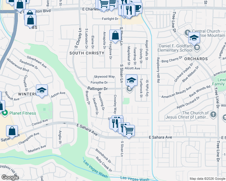 map of restaurants, bars, coffee shops, grocery stores, and more near 5775 Ballinger Drive in Las Vegas