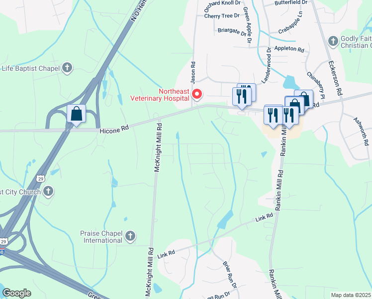 map of restaurants, bars, coffee shops, grocery stores, and more near 207 Wolfburn Court in Greensboro