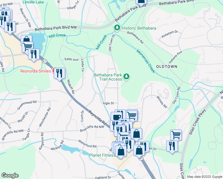 map of restaurants, bars, coffee shops, grocery stores, and more near 100 Seville Street in Winston-Salem