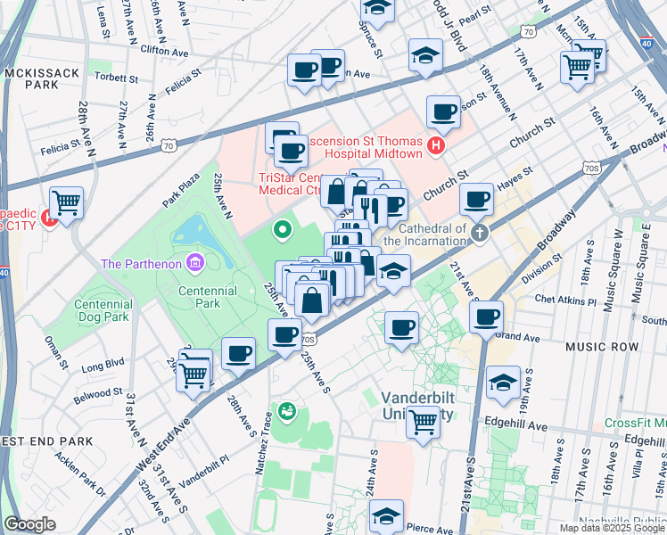 map of restaurants, bars, coffee shops, grocery stores, and more near 2312 Elliston Place in Nashville