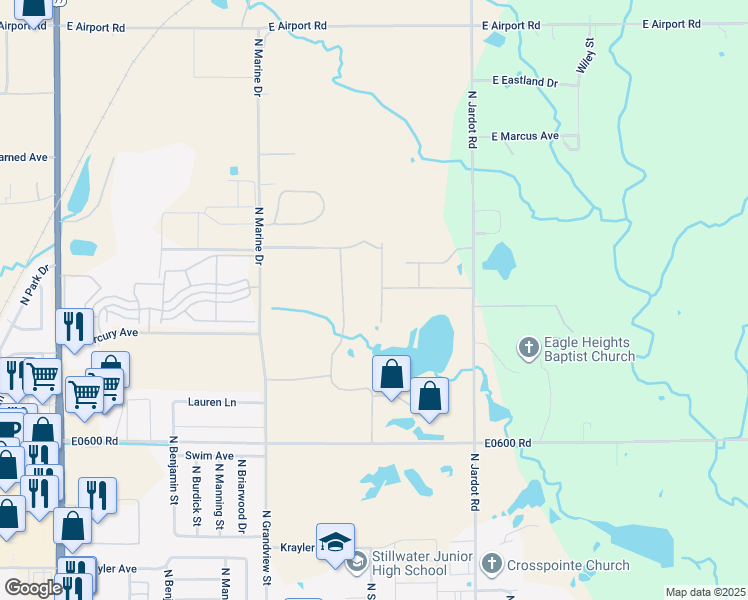 map of restaurants, bars, coffee shops, grocery stores, and more near 2728 North Running Bear Street in Stillwater